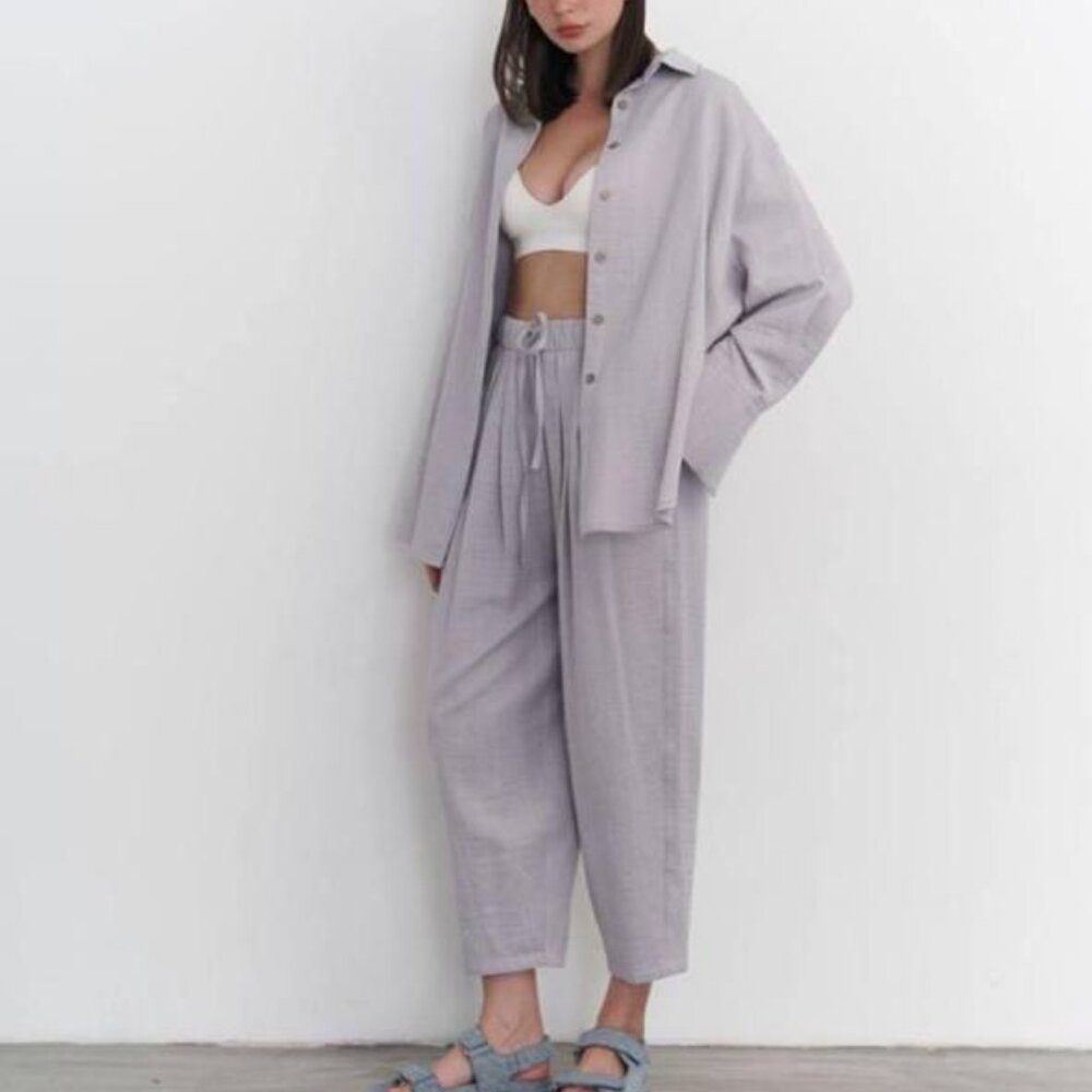 Olivia Linen Set in Blue/Gray